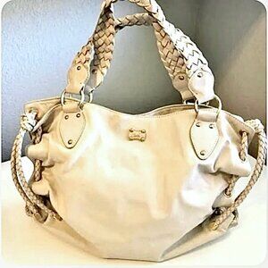 MICHAEL KORS LG Beige Leather Hobo Handbag Braided Strap Cinched Sides MSRP $458